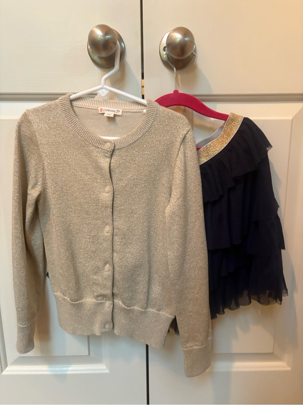Crewcuts Gold Shimmer Cardigan with Navy Ruffle Dress
